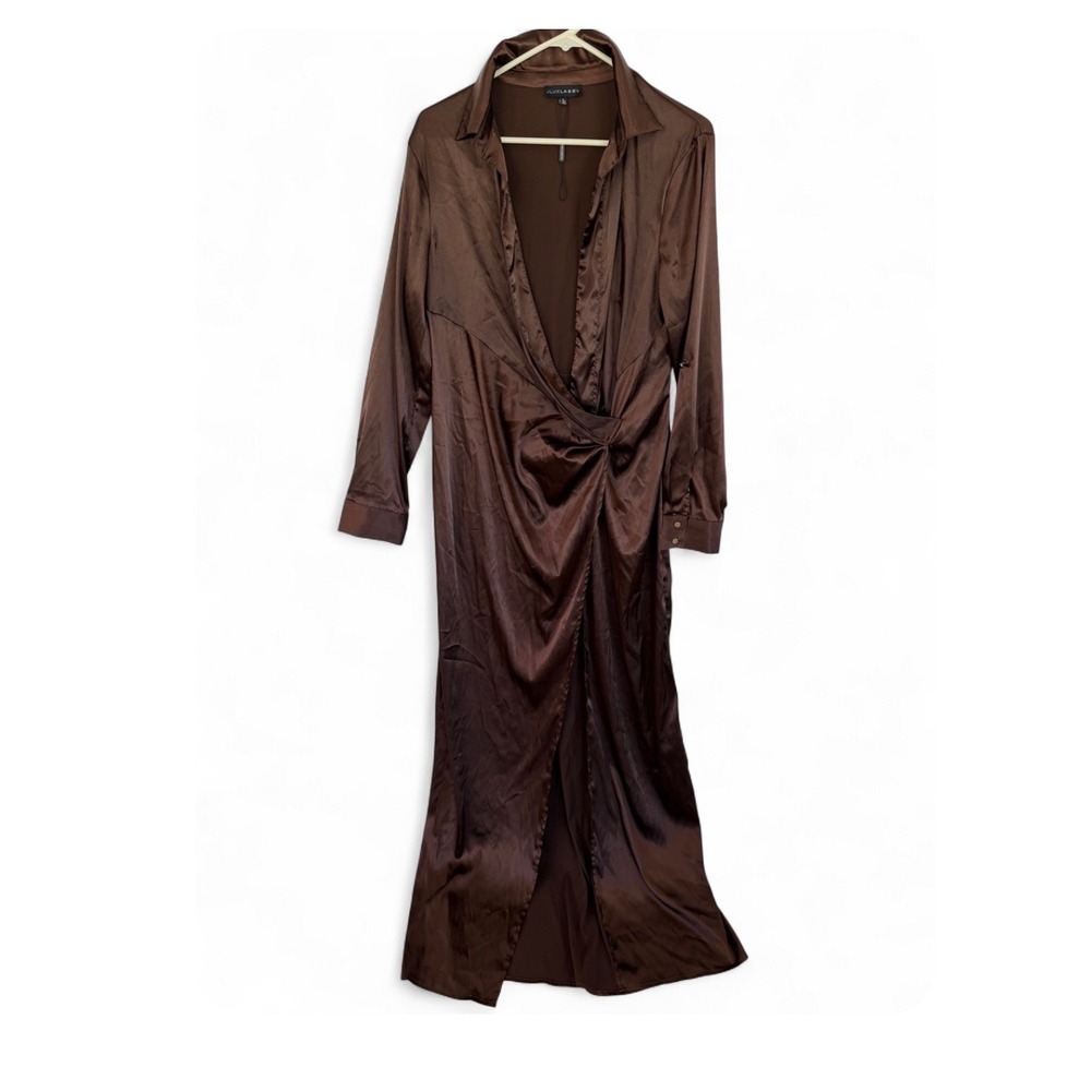 JLUXLABEL Chocolate Brown Satin Twist Front Maxi Dress Long Sleeve
